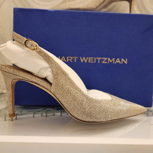 Stuart Weitzman "Power Gold Sling Back" Heels. NIB. Size EU 38/US 7.5 - Picture 1 of 15